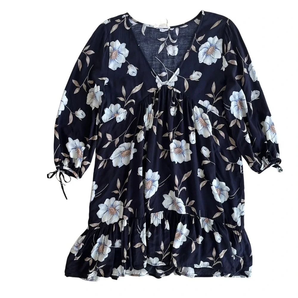 Entro Women L Navy Blue Floral Print 3/4 Tie Sleeve V Neck Ruffle Hem Dress Boho